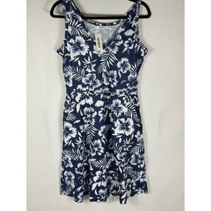 Womens Navy Blue White Floral Sleeveless V Neck Pocket Dress M